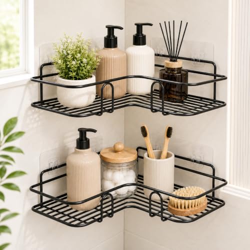 Image of Nieifi KIMEE Set of 2 Metal Bathroom Corner Shelf | Rustproof No-Drill Self Adhesive Wall Mounted Storage Rack for Bathroom and Kitchen | Heavy Duty Shower Caddy Organizer, 8 and 9 Inch, Black