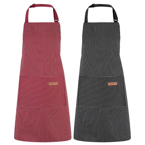 Livdouyu 2 Stück Schürze Kochschürze Damen Verstellbare Küchenschürze mit Taschen Männer Kittelschürze Baumwolle Schürze zum Kochen Malen Backen Hausarbeiten(Rot + Schwarz)