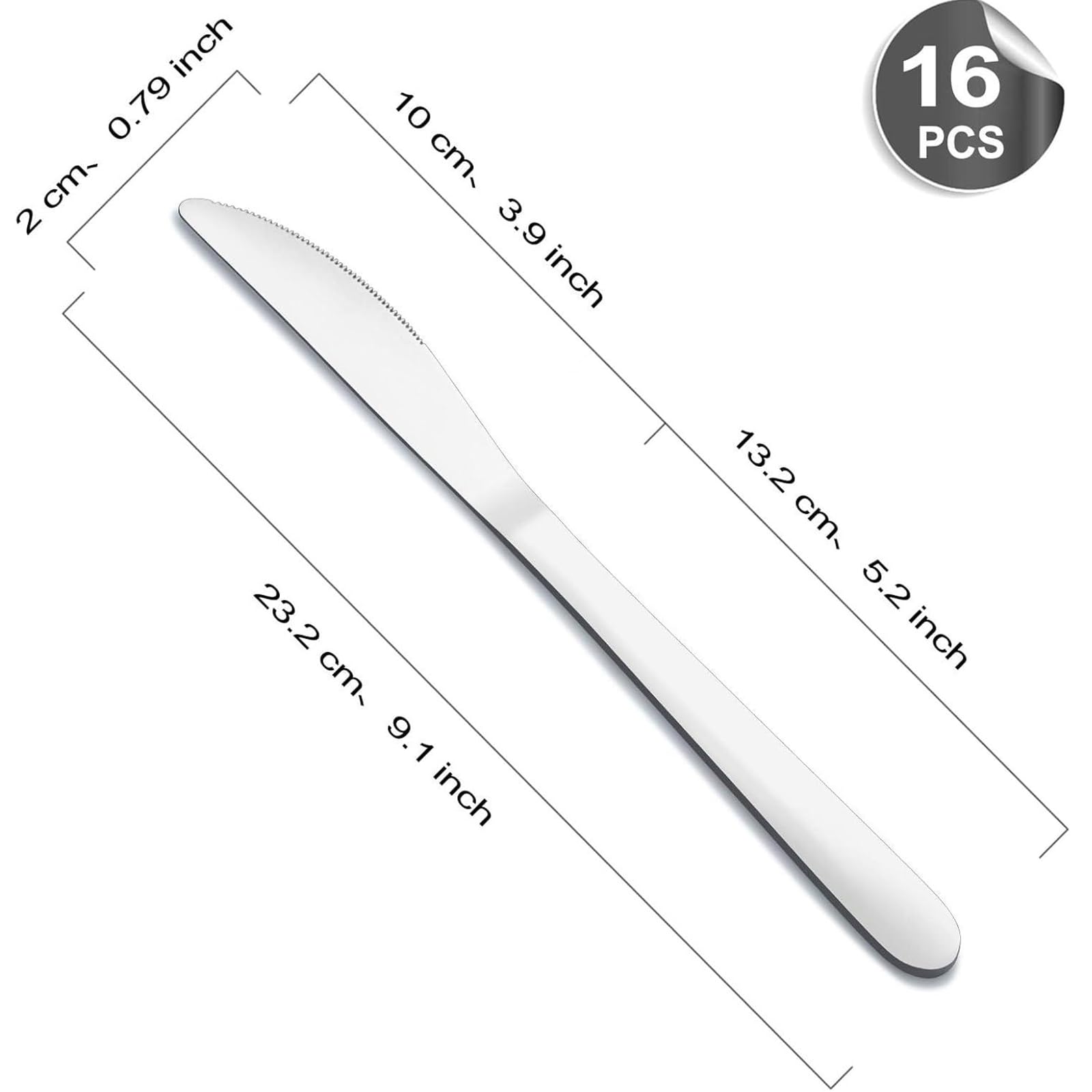 BEWOS Set di 16 Coltelli da Tavola, Coltelli da 9,1''(23,2cm), Coltelli da Cena in Acciaio Inox, Iucidati a Specchio, Lavabili in Lavastoviglie, Coltelli da Tavola per la Casa, il Ristorante e l'hotel