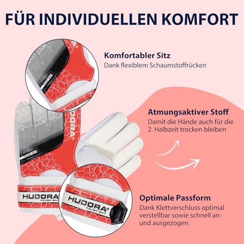 HUDORA Torwarthandschuhe - Gepolsterte Fu&szlig;ball Torh&uuml;terhandschuhe f&uuml;r Kinder & Jugendliche in Gr&ouml;&szlig;e S - Schaumstoffr&uuml;cken - Fu&szlig;ballhandschuhe mit Klettverschluss - rot
