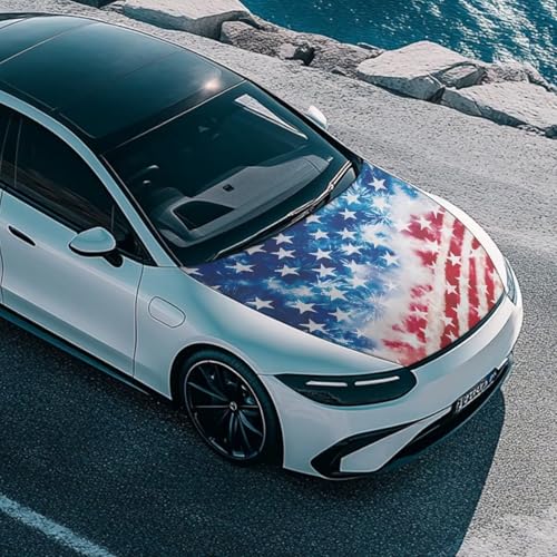 Image of American Flag Design Car Hood Cover Protector for SUV Sedans Trucks, Elastic Polyester Waterproof Sun-Proof Auto Hood Flag Patriotic Decorative Car Accessories