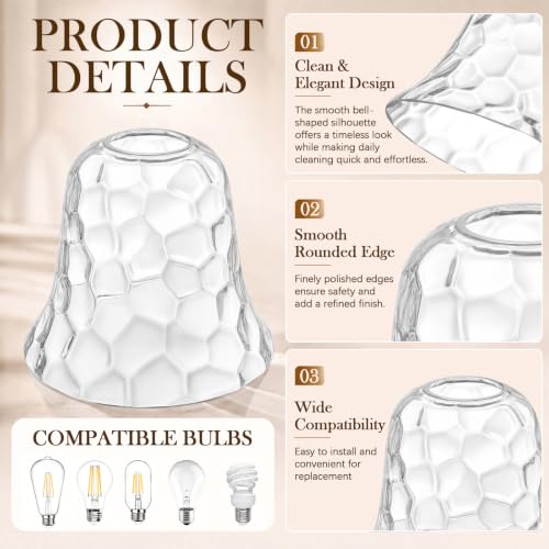 Image of Teenyyou 6 Pcs Clear Hammered Bell Shaped Glass Lamp Shade Replacement | Globe Ceiling Fan Light Cover with 1-5 /8'' (42mm) Fitter for Chandelier Wall Sconce Pendant Light Bathroom Vanity Fixture