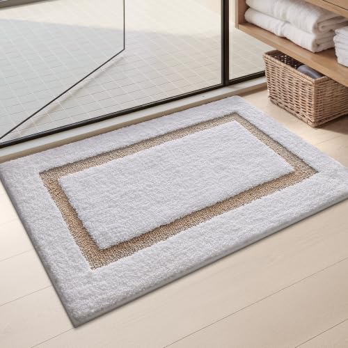 Image of Color&Geometry Mini White Bathroom Rugs 24x16, Extra Soft Absorbent Microfiber Bath Rug, Non-Slip Bathroom mat, Washable Plush Bath Mats for Bathroom, Shower, Bathtub, Laundry, Small, White Khaki