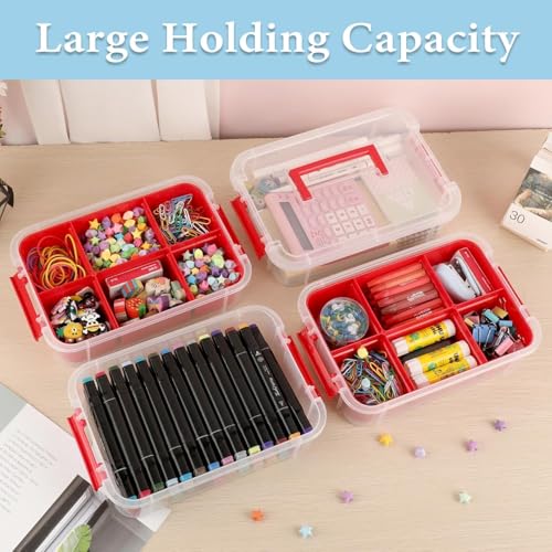 Image of plastic boxes for Storage transparent boxes for storage, Portable & Stackable Space Saving Organiser with Lid for Medicine, Jewelry, Arts & Crafts, Buttons, Beads (Red, 4 TIER WITH 2 TRAY)