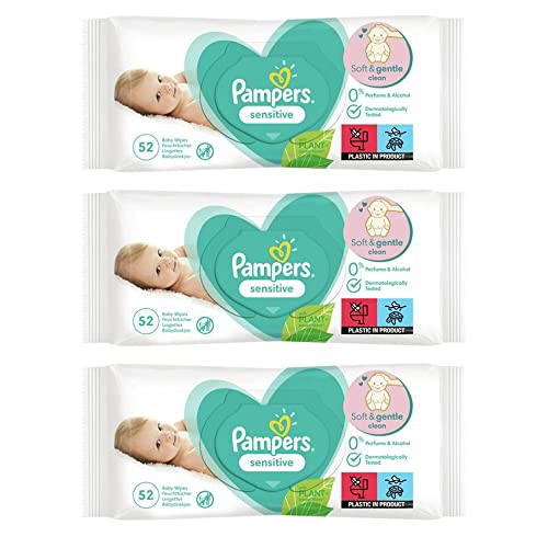 156-624 x Baby Wet Wipes PAMPER'S Sensitive Soft Gentle Fresh Babies No Fragrance Unscented Newborn Nappy Changing Skin Protection Clean Safe 52 Pcs Pack UK Free P&P (3X PAMPERS Packs (156 Wipes))