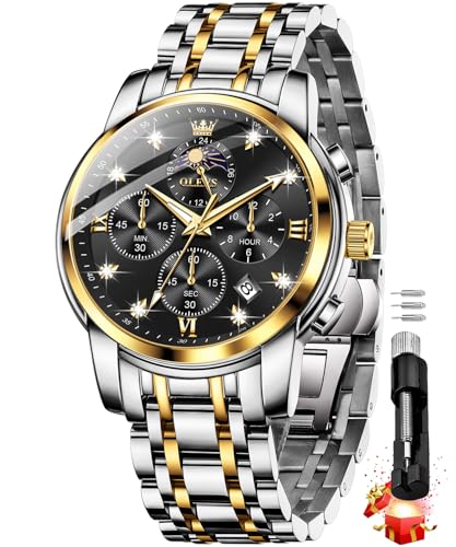 Image of OLEVS Chronograph Watches for Men Original Analog Quartz Black Stainless Steel Chain Luxury Dual Time Zone Moon Phase Date Waterproof Men's Wrist Watch