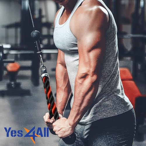Image of Yes4All Deluxe 27 inch Red & Black Tricep Rope with Carabiner, Exercise Machine Attachments, Pulley System Pull Down Rope, LAT Cable Attachment for Row Machine & Cable Machine