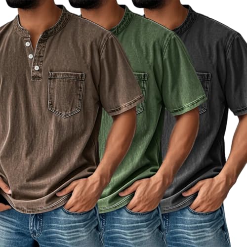Mokaloha Mens Shirts, Men's Retro Stand Collar Casual Pocket Solid Color Short Sleeve Henley Shirt4