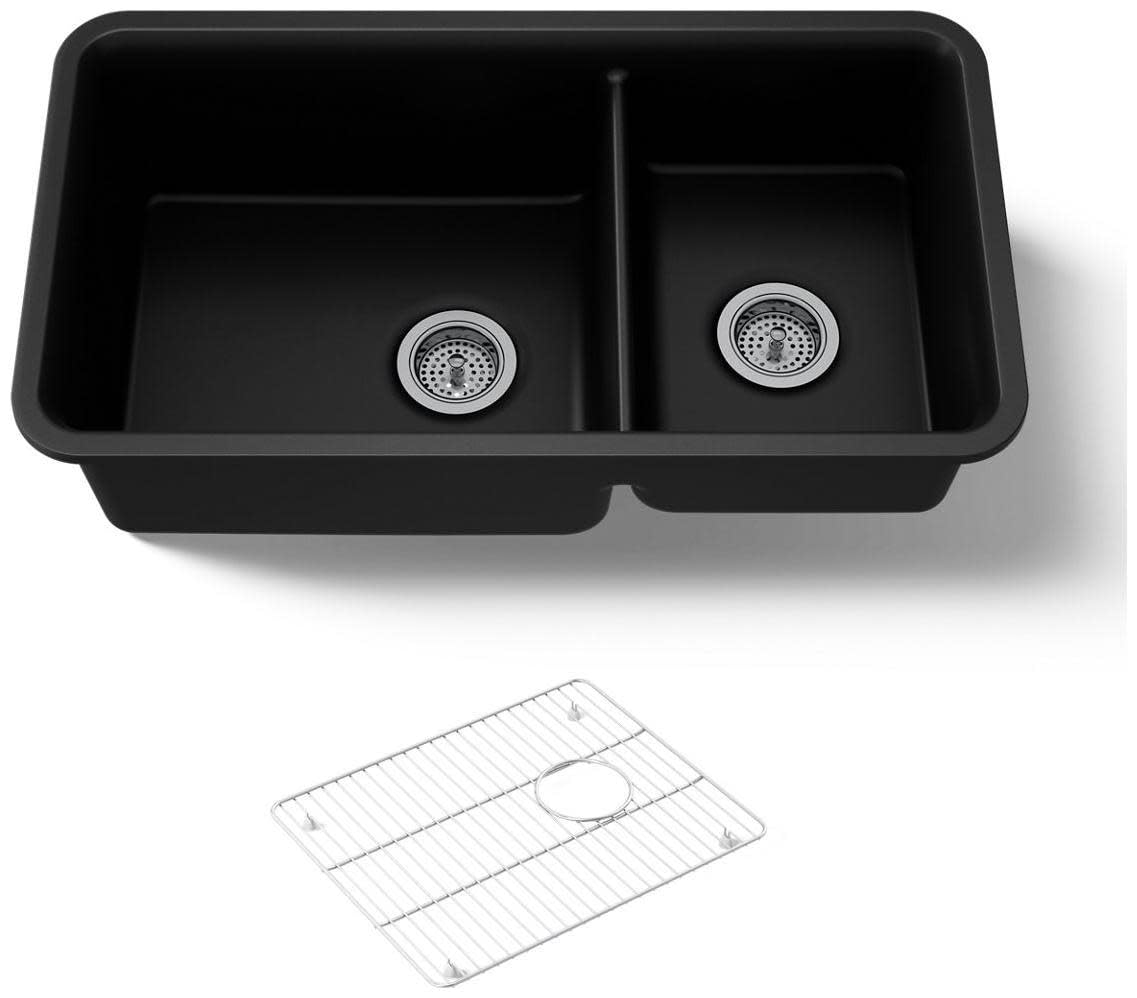 KOHLER K-8204-CM1 Cairn Sink, 33" Neoroc Composite Undermount Double-Bowl Kitchen Sink, Composite Kitchen Sink with Sink Rack, Matte Black