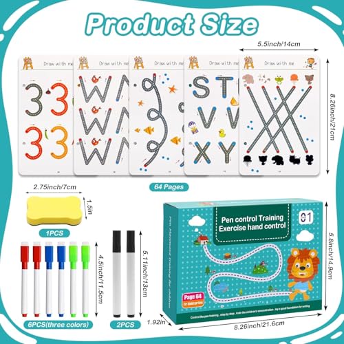 Image of SHINETOY 64 Pages Magical Tracing Workbook Set, Hand Writing Pen Control Training Book for Learning to Write The Alphabets & Numbers, Preschool Educational Reusable Learning Book for Kids