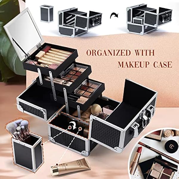 Joligrace - Scatola porta cosmetici con specchio e porta pennelli con serrature a chiave