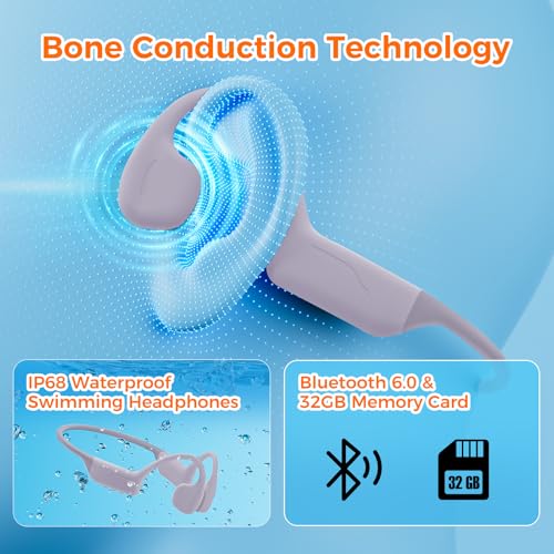 Image of Full-Coverage Liquid Silicone Swimming Headphones, IP68 Waterproof Underwater Headphones, Bluetooth 6.0&MP3 with 32GB Memory Card, Soft /Skin-Comfortable Open Ear Bone Conduction Swim Earbuds