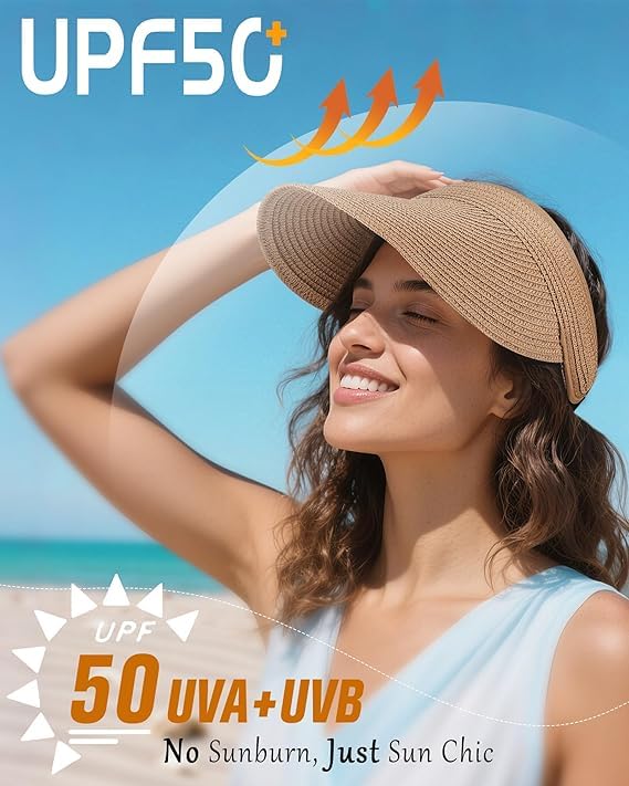 Image of Straw Hat Sun Hats for Women,Wide Brim Cap Beach Hat for Women Stylish UV Protection Cap,Summer Packable Travel Sun Visor Hat - UPF 50+ Khaki
