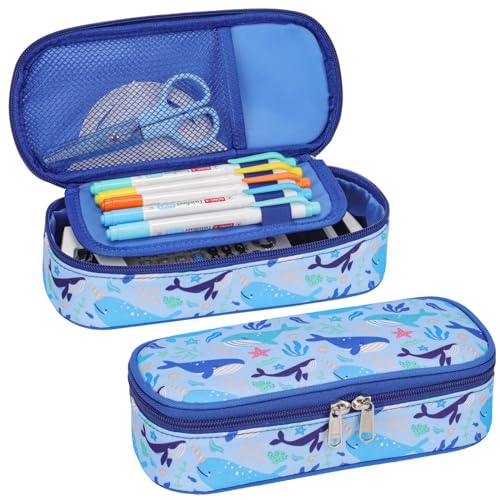 Image of Bagseri Pencil Case for Kids - Cute Pencil Case for Boys Large Capacity Pencil Pouch Organizer Multi-Slot Pencil Bag for School, Pen Case Only (Blue Whale)
