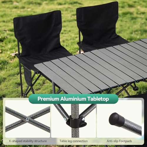 Warmiehomy Camping Table and Chairs Picnic Folding Table with 4 Chairs 95cm Aluminium Rolling Tabletop Fold up Chair with Side Pocket Portable Camping Set with Carry Bag for Indoor Outdoor BBQ,Black - Image 3