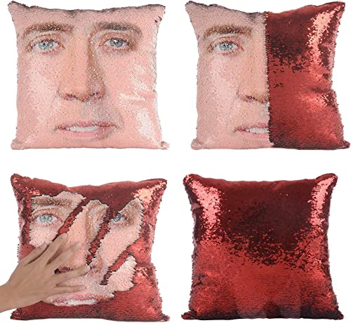 HOILUEYO Nicolas Cage Pillow Covers Sequin Pillow Cases Funny Gag Gifts Reversible Sequin Pillow Cover Decorative Throw Cushion Case 16 x 16 Inches (Red)