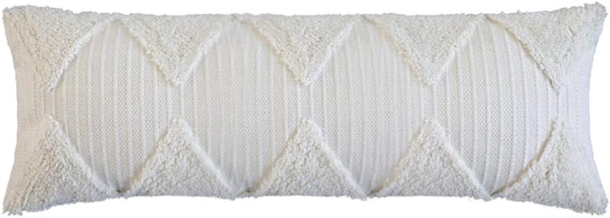 Fennco Styles Handcrafted Tufted Geometric Decorative Lumbar Throw Pillow Cover 14" W x 30" L - White Cushion Case for Home, Couch, Living Room, Bedroom, Office Décor