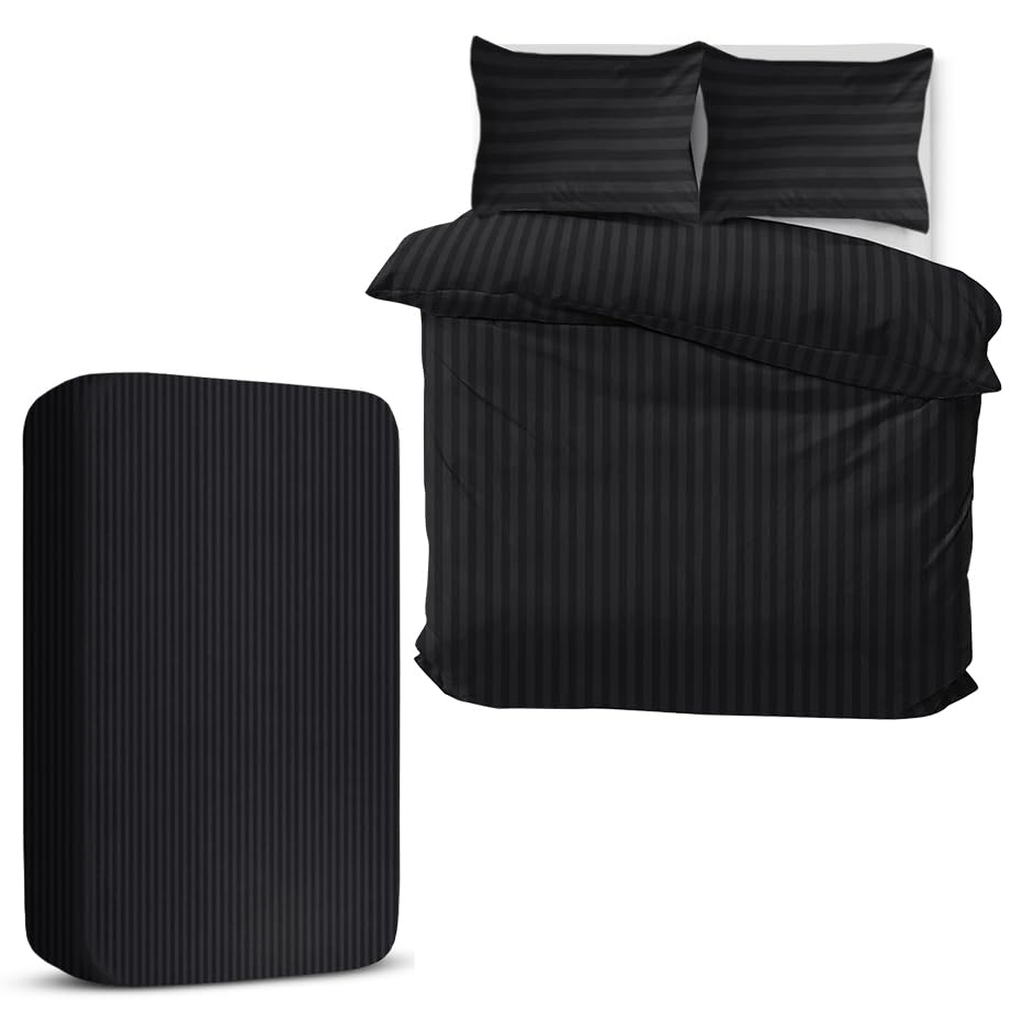 MOONLIGHT20015 Double Duvet Set 4 Piece Satin Stripe Duvet Cover Sets Soft Brushed Microfiber Bedding Sets with Fitted Sheet & 2 Pillow Cases (Black, 200x200 cm)