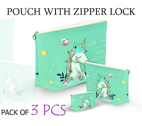 Image of FunBlast Multipurpose Canvas Pouch - Pack of 3 Pcs Pouch with Zipper Lock, Stationary Organizer Pouch, Travel Accessories Pouch Bag, Cosmetic Bag, Money Purse, Handbag (Unicorn-Sky Blue)