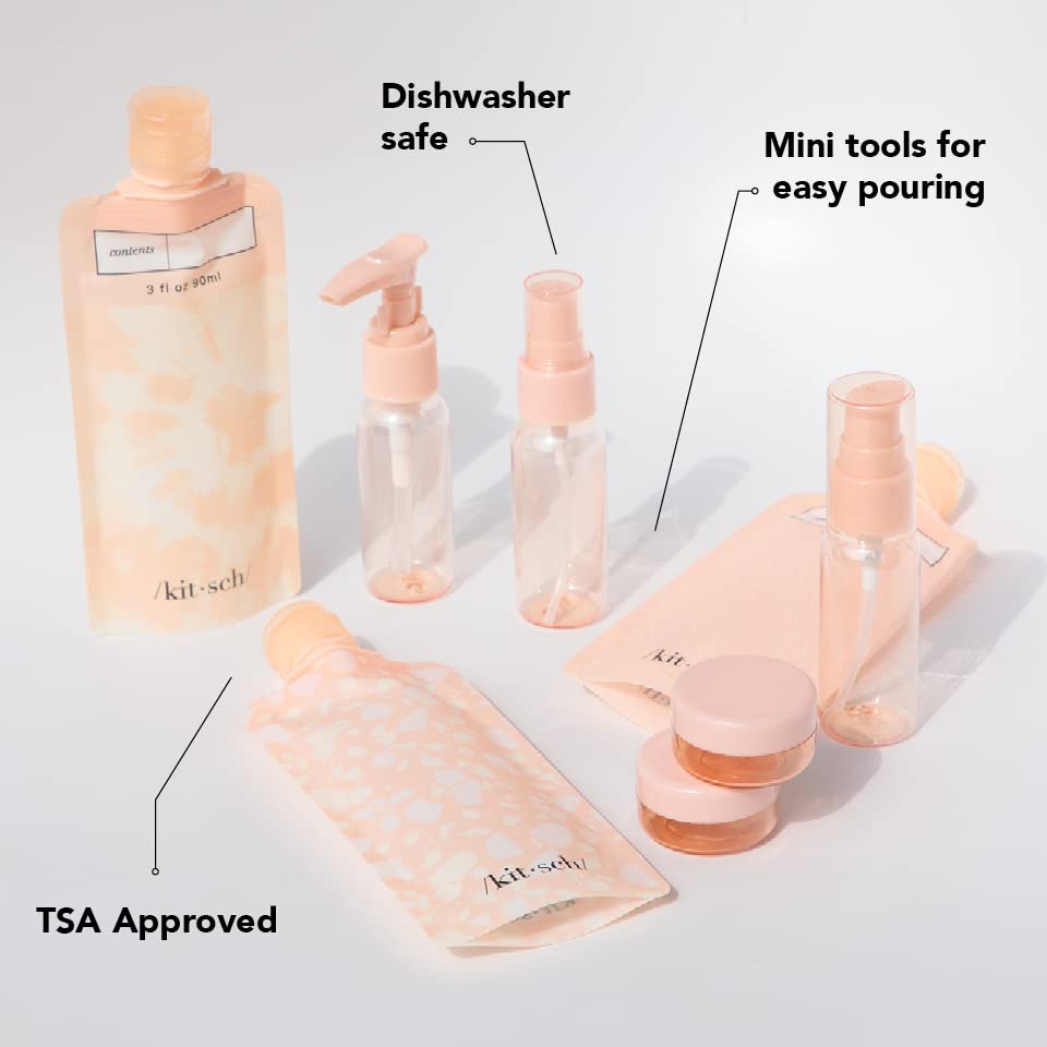 Kitsch Travel Bottle Set - 11pc Refillable Travel Size Containers | Leak Proof Toiletry Bottles & Skincare Containers | Travel Shampoo & Conditioner Bottles | Travel Bottles TSA Approved (Peach)