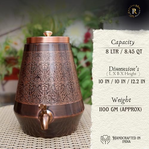 Image of Antique Copper Water Matka - 8L | with Eye Catching Embosed Engraving Design | Copper Water Storage Dispenser with Ayurvedic Health Beneifts | for Home and Offices Purpose