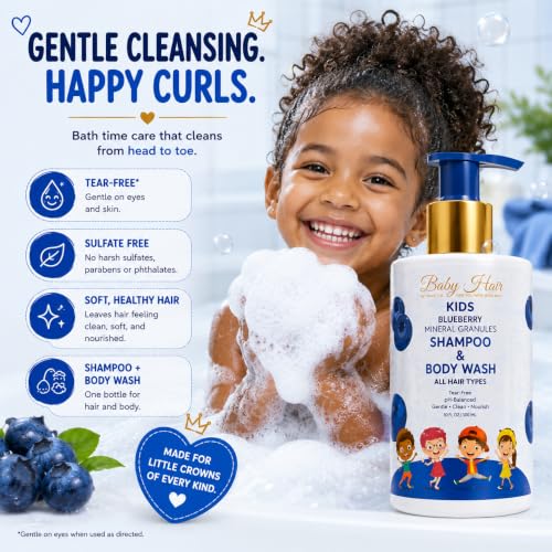 Image of BABY HAIR Kids Toddler Blueberry Mineral Shampoo & Body Wash | Sulfate-Free Tearless Hair & Body Cleanser | Aloe Vera & Blueberry Extract | Gentle Daily Care | 10 fl oz