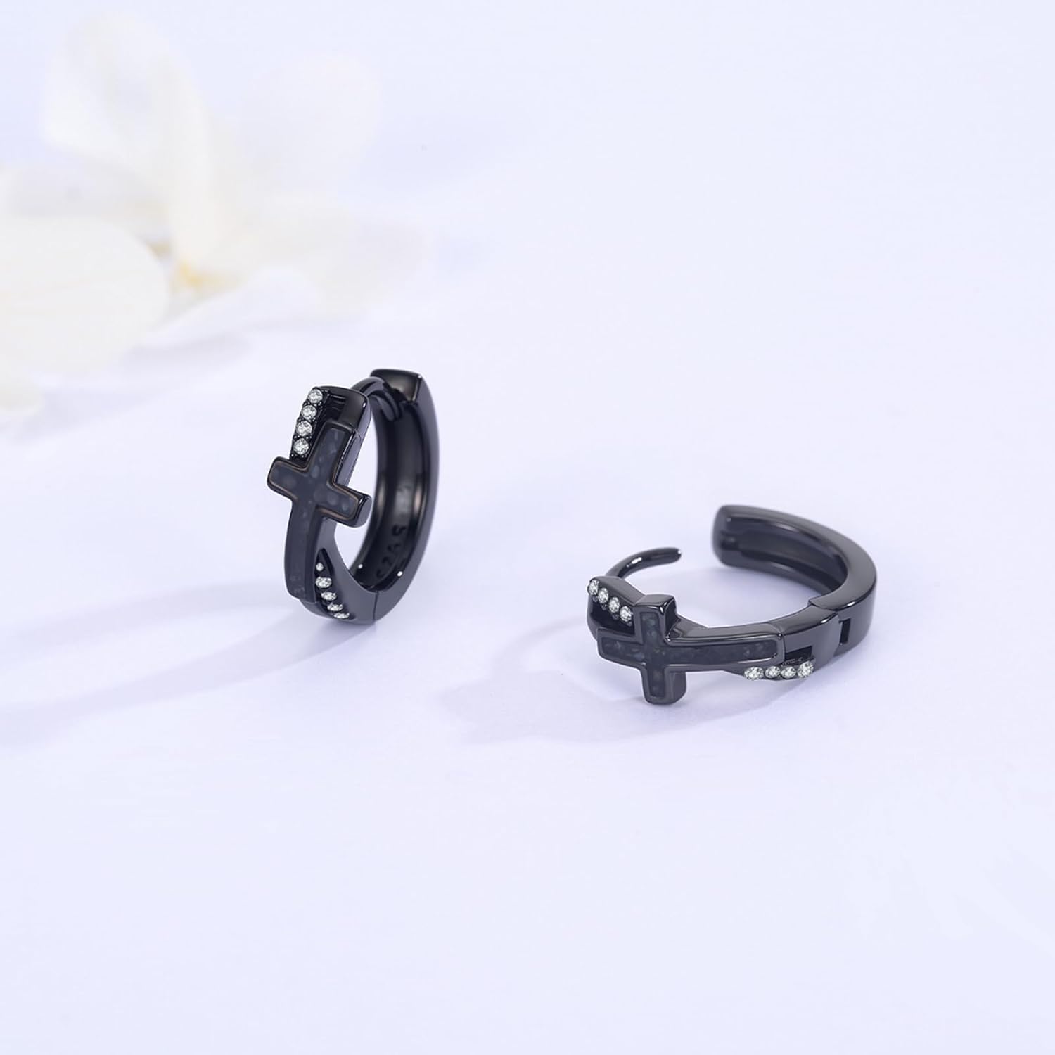 MEDWISE Black Cross Hoop Earrings 925 Sterling Silver Abalone Shell Religious Cross Huggie Earrings Christian Jewelry Easter Faith Valentines Day Gifts for Men