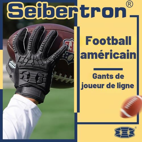 Seibertron Lineman 2.0 Anti-dérapant Shock-Absorbant Rembourré Américain Football Receiver Gants/Gloves, Flexible TPR Impact Protection Back of Hand Glove Adulte Taille Black XL – vue 3
