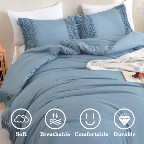 Image of Andency Grayish Blue Comforter Set Queen, 3 Pieces Boho Tassel Lightweight Soft Bedding Comforter Sets, All Season Fluffy Fringe Bed Set (90x90In Comforter & 2 Pillowcases)