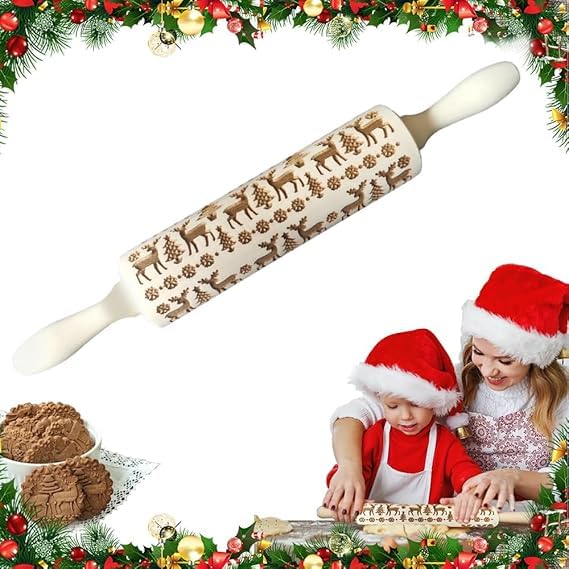BNGXR Weihnachts-Nudelholz, 3D Präge Nudelholz mit Weihnachts-Rentier-Muster, Naturholz-Holz-Nudelholz Zum Backen von Geprägten Keksen Küchenwerkzeug Fondant...