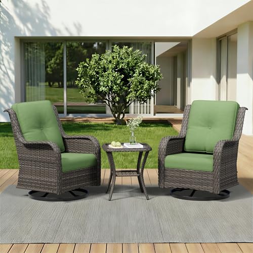 Image of 3 Piece Outdoor Wicker Patio Furniture Set, Swivel Rocker Patio Chairs Set with Thickened Olefin Cushions, High Back and Deep Seating, Hand-Woven PE Rattan for Porch, Deck