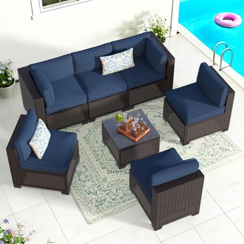 Image of 7 Piece Patio Furniture Set, Wicker Patio Conversation Sets, Outdoor Sectional Furniture with Tempered Glass Table, for Backyard, Deck, Garden, Dark Brown Rattan & Navy Blue Cushions