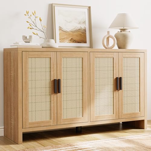 Mericonia Rattan Buffet Cabinet with Storage, Sideboard Cabinet with Doors and Adjustable Shelves, Farmhouse Coffee Bar Station Table, Modern Wood Cupboard for Kitchen, Livingroom and Dining Room