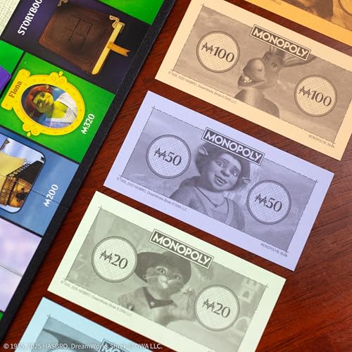 Image of MONOPOLY: Shrek Edition Board Game, Buy, Sell & Trade, Iconic Fairy Tale Characters like Shrek, Donkey, Puss n Boots & More, Classic Family Game for Ages 8+, Officially Licensed DreamWorks Merchandise
