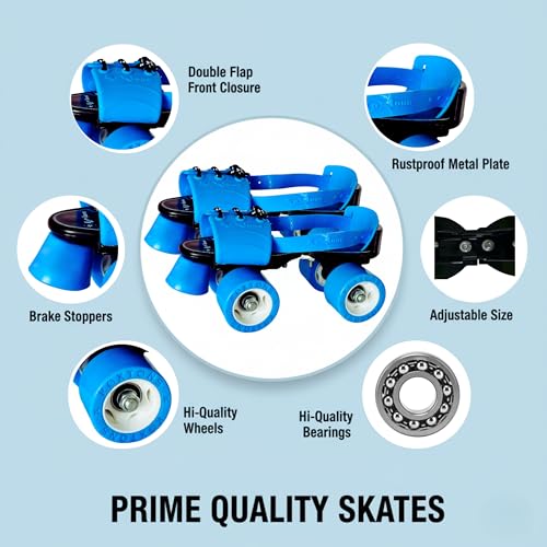 Image of Skating Shoes - Roller Skates for Kids 6-12 with Auto Precision Ball Bearings, 50mm Anti Skid Vinyl Wheels, Toe Stoppers, Bigger Wheel Size, Blue, Super Xplod