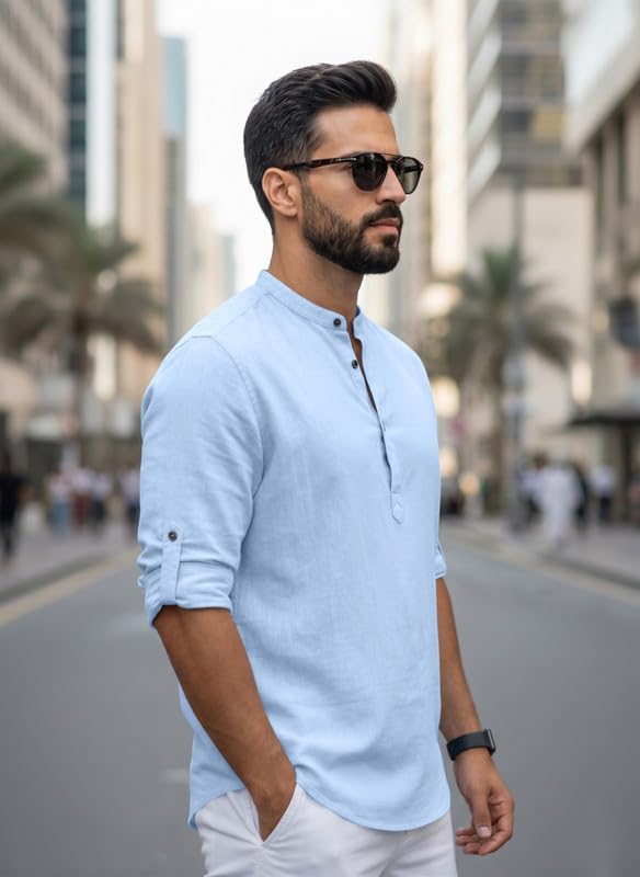 Image of Men Cotton Blend Mandarin Collar Casual Kurta Shirt | Roll-Up Sleeves | Regular Fit Ethnic Short Kurta for Daily