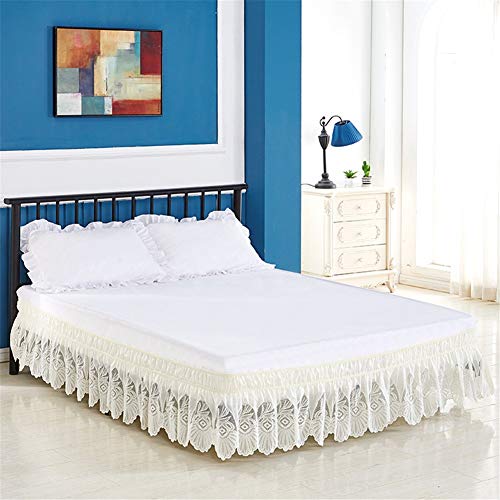 Dentelle élastique Jupe De Lit avec à Volants Plissée Cache Sommiers Super King Double Couvre Sommier Lit Enrouler Autour pour Chambre à Coucher Dortoir EtcB-Full Cover