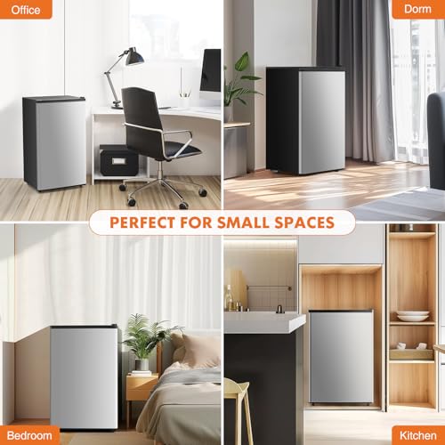 Image of Sweetcrispy 3.2 Cu.Ft Mini Fridge with Freezer Small Refrigerator Single Door Adjustable Thermostat Energy-efficient Low Noise, Compact Fridge for Bedroom, Office, Dorm (Silver Door)