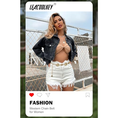 LEACOOLKEY Women Turquoise Concho Chain Waist Belt Silver Western Cowgirl Metal Chain Belt for Dress Adjustable4