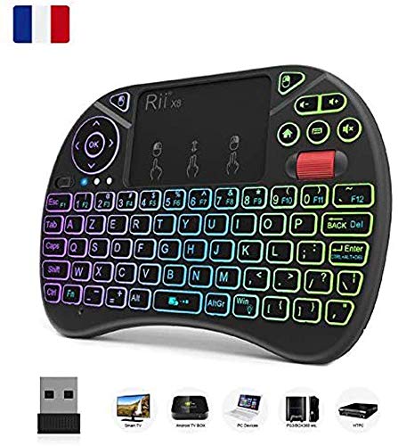 (nueva version 2018) Rii i8x AZERTY, 2.4 GHz Mini Teclado Inalámbrico con Ratón Touchpad Combo, LED retroiluminada, ergonómico, para Smart TV, Mini PC, HTPC, consola de juegos, para portátil