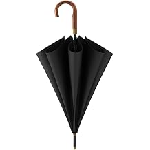 Automatic straight business umbrella with wooden handle, rain or shine, 2 styles for commuting and travelBlack,Curved handle