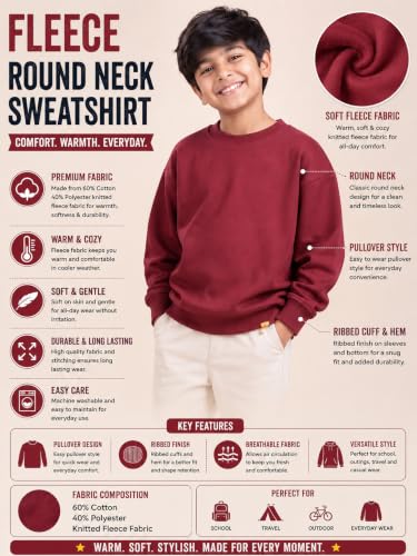 Image of KiddoPanti Boys Solid Round Neck Full Sleeve Fleece Sweatshirt | 60% Cotton 40% Polyester | Soft Warm Winter Pullover | Ribbed Cuffs & Hem | Casual Winter Sweatshirt for Kids
