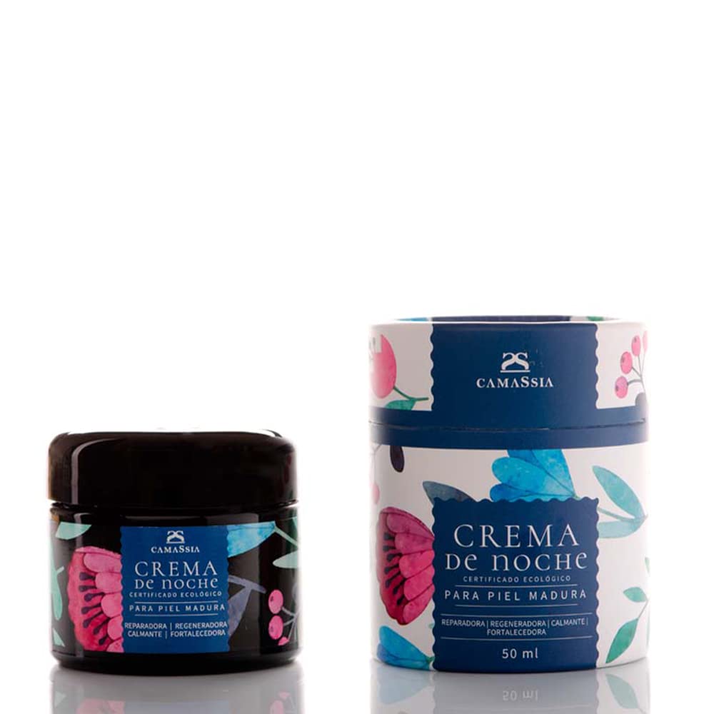 Crema facial de noche para piel madura Camassia reparadora, regeneradora, calmante y fortalecedora con Certificado Ecológico COSMOS Ecocert