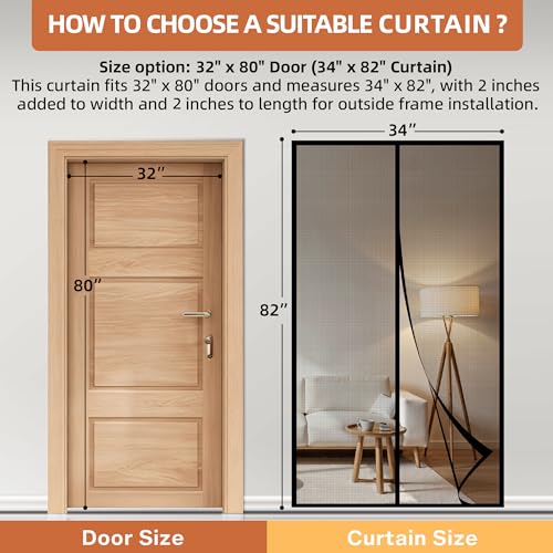 Image of METAONLY Fiberglass Magnetic Screen Door Mesh, Works for Patio, Sliding Door, Keeps Bug Mosquito Out, Fresh Air Flow, Fits 32 inch x 80 inch Door - Curtain Size 34 inch x 82 inch, Black
