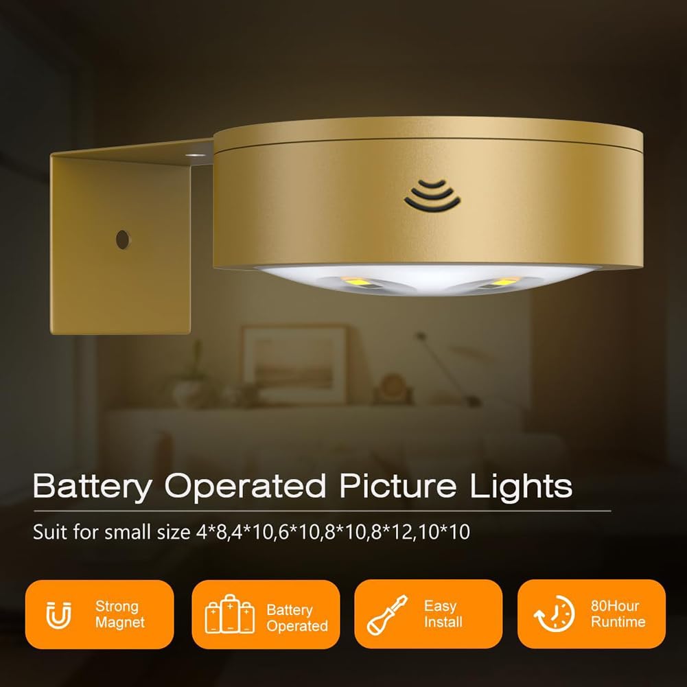 3 Unidades de Iluminación LED para Cuadros, Batería Inalámbrica, Luz para Cuadros, Funciona con Batería, Mando a Distancia, Regulable, Lámpara de Pared, Sin Conexión Eléctrica, Funciona,Oro