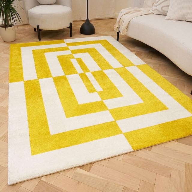 THE RUGS Joli Area Rug - Soft Dense Pile Modern Artistic Design, Durable & Easy Care Carpet for Living Room & Bedroom - Geometric Yellow & White, 160 x 230 cm