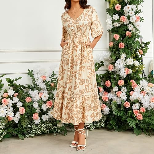 Image of Women's Summer Short Sleeve Maxi Floral Flowy Dresses with Pockets