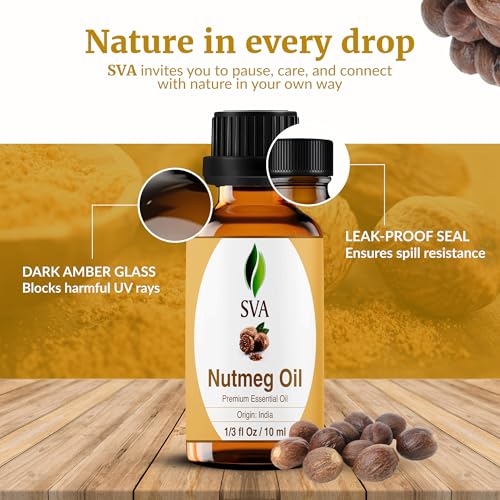 Image of SVA Nutmeg Essential Oil 1 /3 Fl Oz - for Diffuser, Skin & Hair Care - Ideal for Massage & DIY Blends - with Dropper