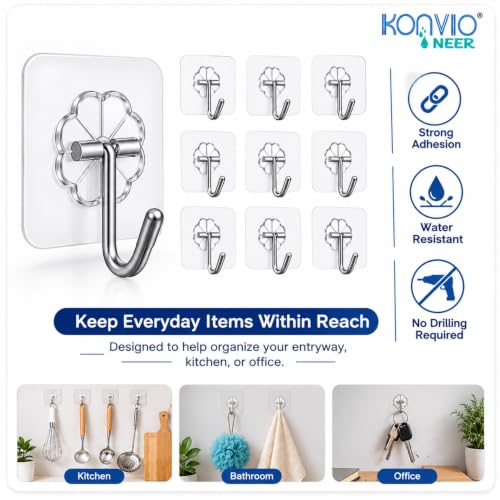 Image of KONVIO NEER Self Adhesive Wall Hanging Screw Hooks Heavy Duty Hanging Sticky Hooks for Kitchen, Bathroom, Decoration |Nail Free, Transparent Wall Screw Hooks (Flower Hooks, 20 Pack)
