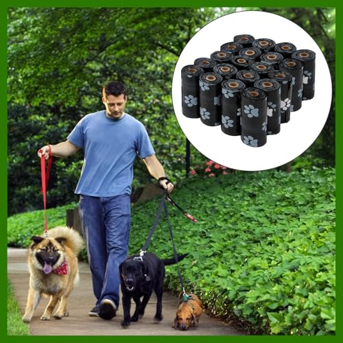 Miayical Hundekotbeutel 300 Tüten/20 Rollen, Auslaufsichere Kotbeutel mit Spender, Müllbeutel für Hunde, Biologisch Abbaubare Hundekotbeutel, Auslaufsicher, Extra groß, Wasserfest, Reißfest, Schwarz